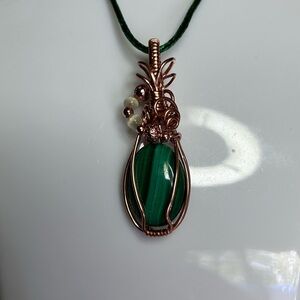 Green Malachite Wire-Wrapped Pendant Necklace with Copper Accents